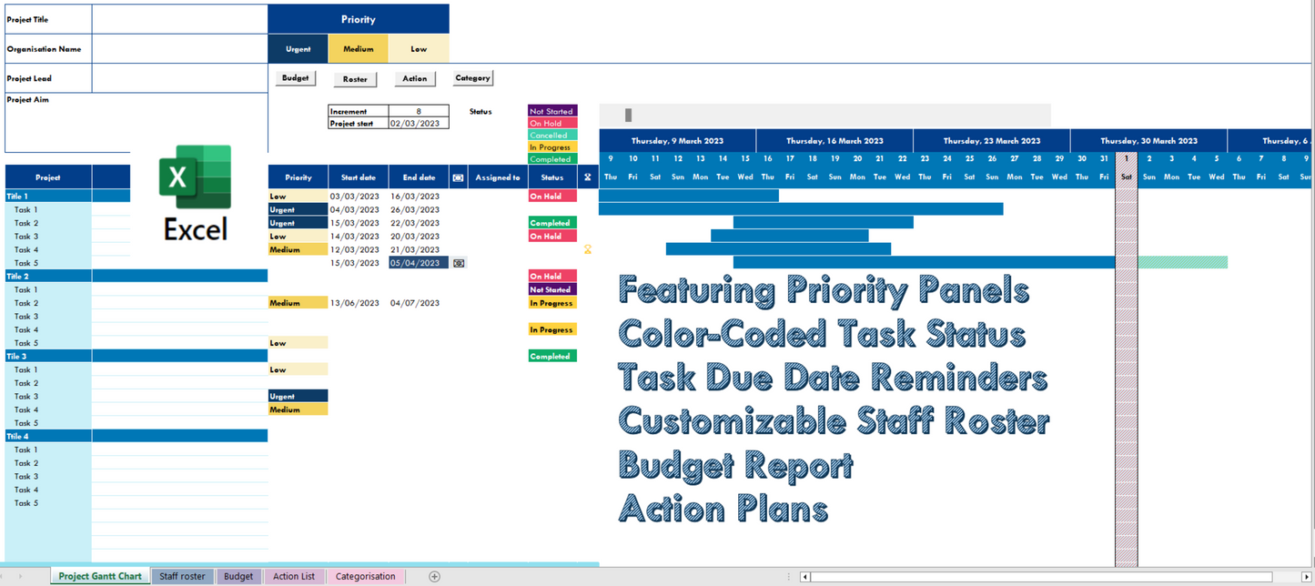 Gantt Chart Excel Template: All-in-One Project Management Tool for Rostering, Budgeting, and Action Plans – Perfect for Businesses and Teams