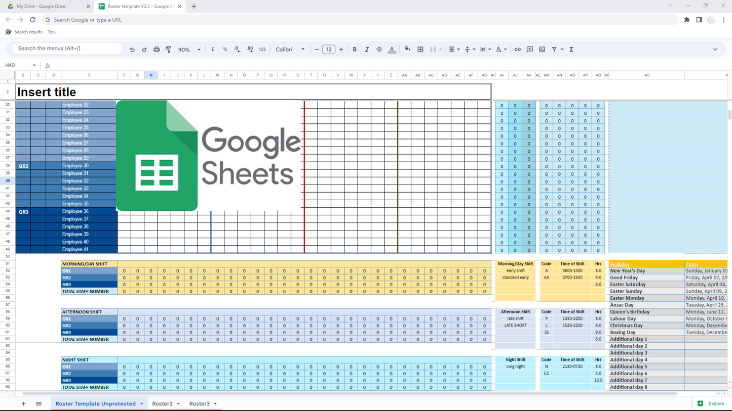 Excel & Google Sheet 4-Week View Employee Roster Template