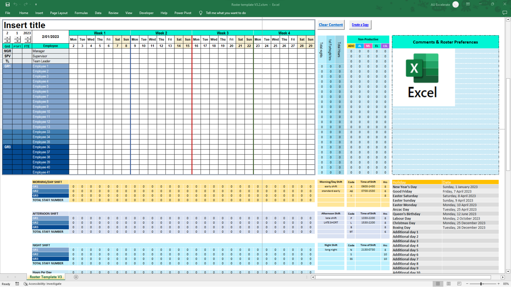 Excel employee schedule template showing a full month view. Features dynamic calendars, customizable shift codes, shift count, skills tracker, & automatic work hours. Perfect for managing rotating shifts in healthcare, retail or hospitality.